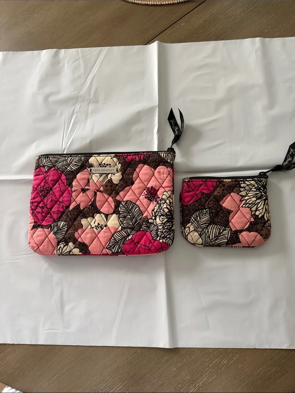 Vera Bradley Pink Floral Quilted Cosmetic Pouch Duo